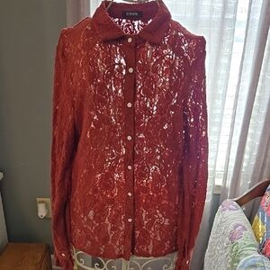 Ettika Red Lace Button-Up Blouse